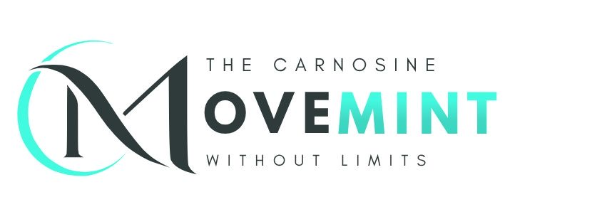 Client reference: The Carnosine MoveMint wordmark with a flowing monogram, mint accent and Without Limits tagline